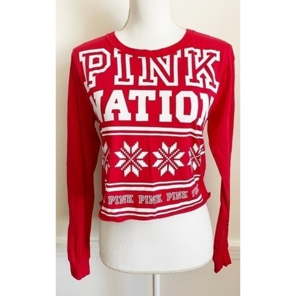 VS PINK • Red White Fair Isle Cropped Holiday Tee - Picture 1 of 4